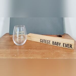 Bundle Of Stemless Wine Glass & Wooden Baby Photo Frame - Natural Brown